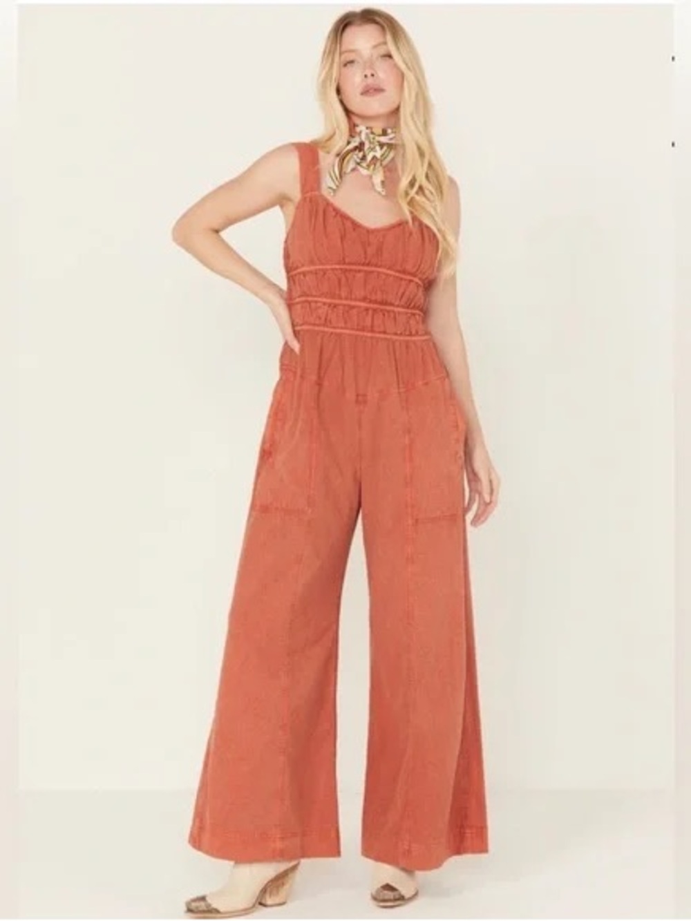 FREE PEOPLE After All Ruched One-Piece Jumpsuit Burnt Orange